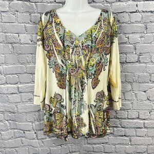 One World‎ Womens PXL Boho Paisley  Top 3/4 Sleeve Multicolor Polyester